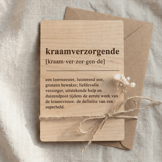 Houten bedankkaartje kraamverzorgende – een liefdevol cadeau voor kraamverzorgende, perfect om waardering en dankbaarheid te tonen - op jute doek met envelop.
