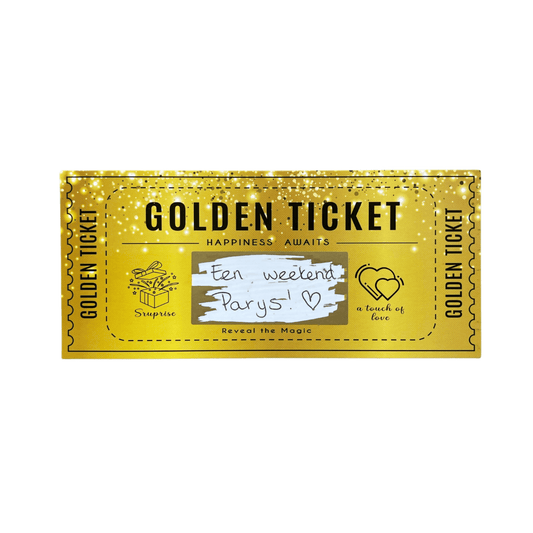 Golden Ticket - kaart met geschreven tekst vlak - luxe gouden kraskaart voor uitnodigingen, cadeaubonnen en verrassende aankondigingen.