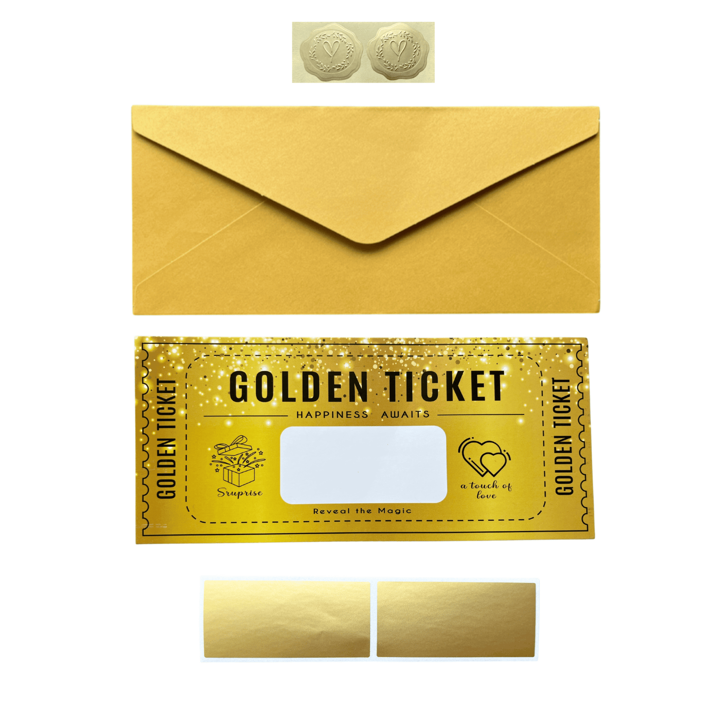Golden Ticket - alle losse onderdelen - luxe gouden kraskaart voor uitnodigingen, cadeaubonnen en verrassende aankondigingen.