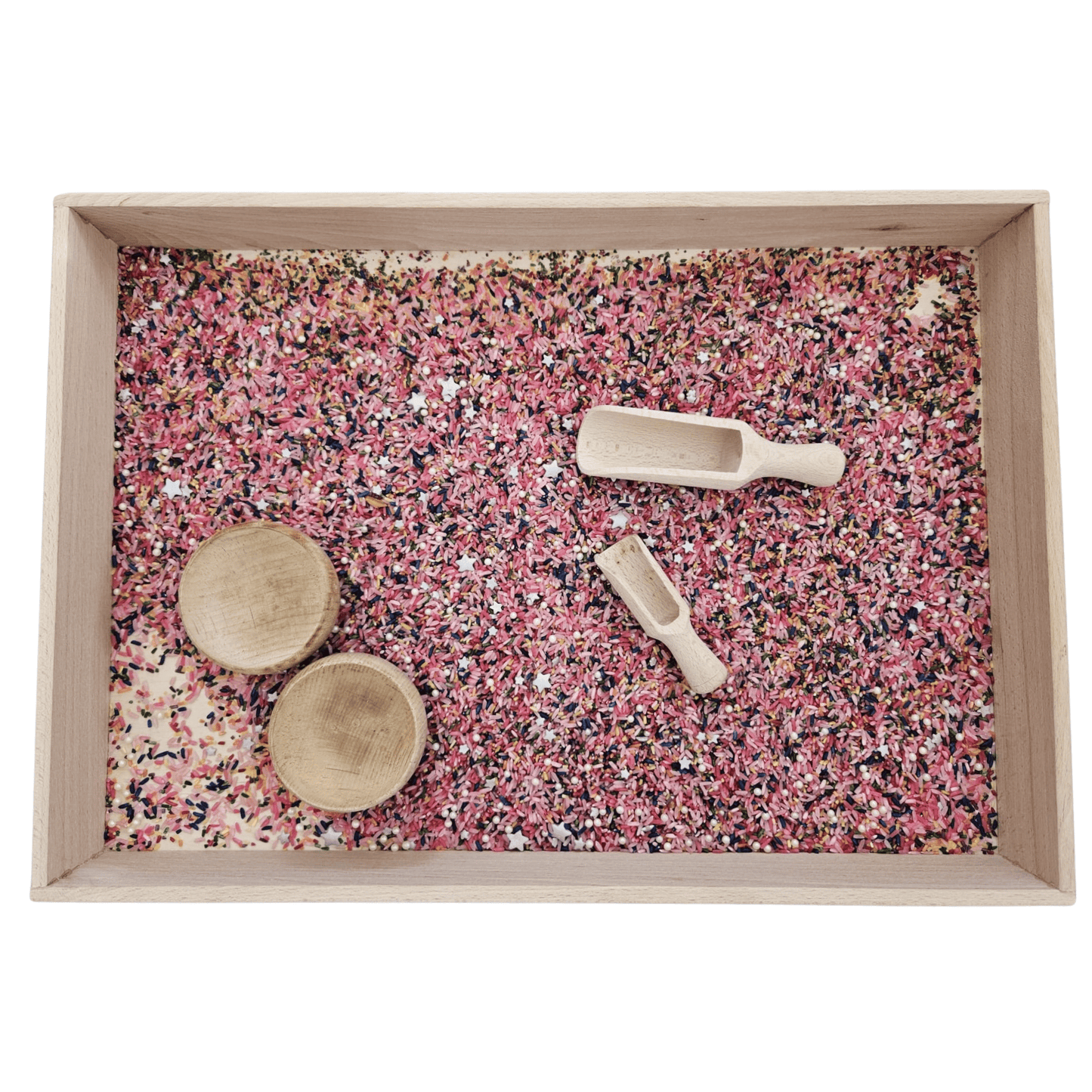 Houten speelbak met speelrijst bovenaanzicht – veelzijdige sensory speelbak voor spelen met zand, rijst en andere materialen.