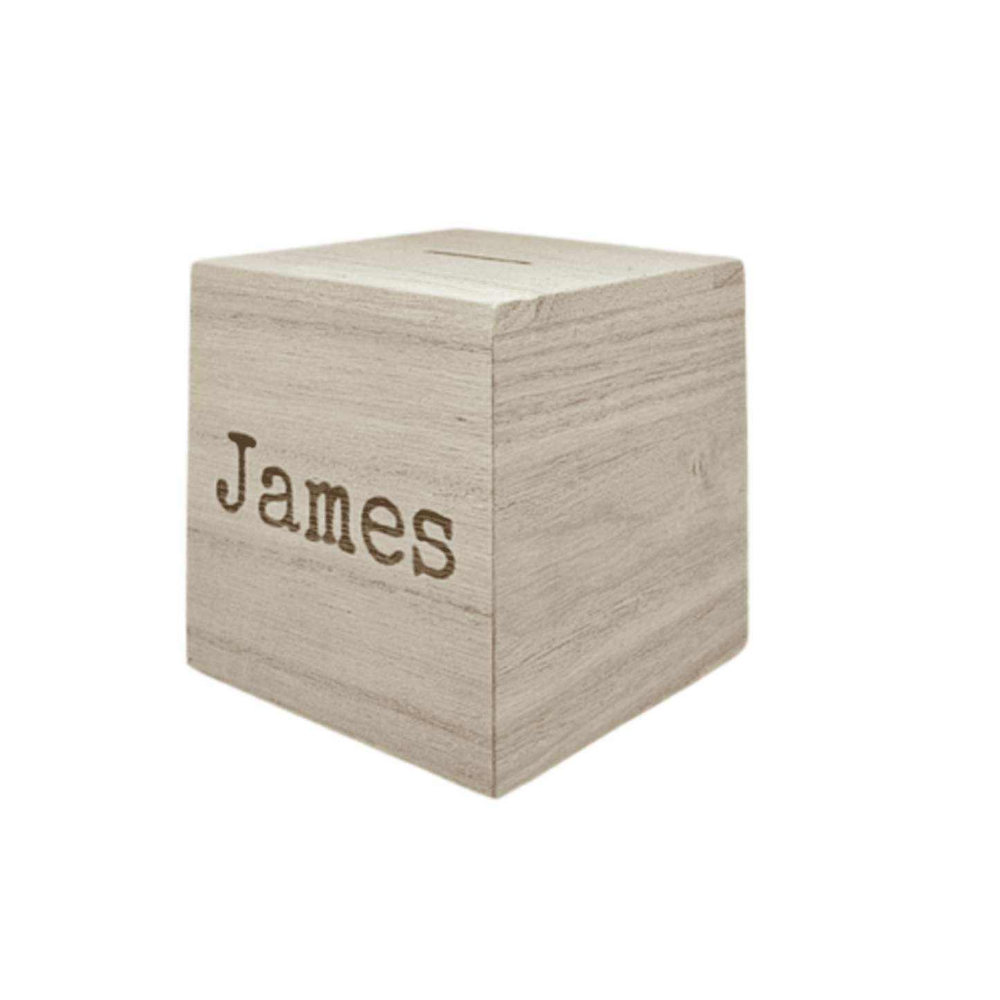 Houten spaarpot met naam James – een gepersonaliseerde spaarpot met gravure, ideaal als uniek cadeau. Deze houten spaarpot met naam is perfect voor kinderen om op een speelse manier te sparen.