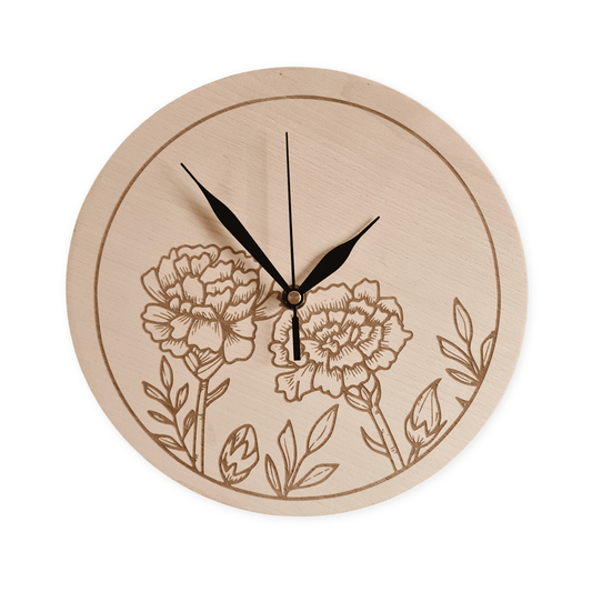 Houten wandklok met bloem – stijlvolle klok van hout, verkrijgbaar in verschillende modellen, waaronder een klok met wereldkaart.