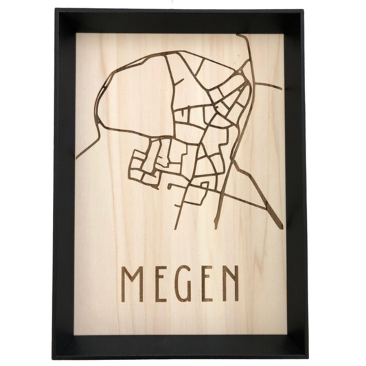 Houten stadskaart - stadkaart Megen met lijst – gedetailleerde stadsplattegrond van hout, perfect als uniek housewarming cadeau.