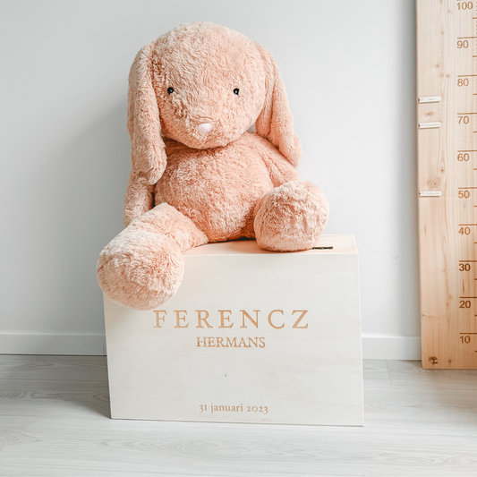 Houten memorybox apen met persoonlijke gravure – herinneringskist op een kinderamer met een knuffel zittend op de memorybox.
