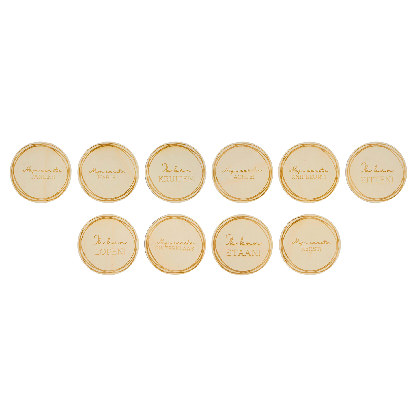 Set van houten mijlpaalkaarten met momenten, perfect voor het vastleggen van speciale momenten. Deze milestone kaarten zijn ideaal om de bijzondere mijlpalen te documenteren. Cirkel motief en alle mijlpaalkaarten los.
