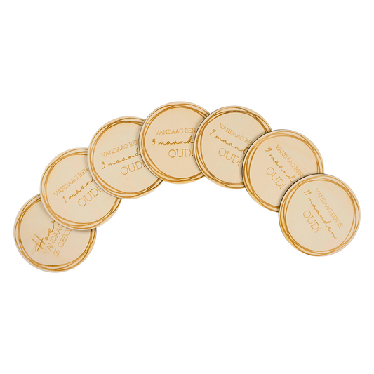 Set van houten mijlpaalkaarten met aantal maanden oud, perfect voor het vastleggen van speciale momenten. Deze milestone kaarten zijn ideaal om iedere maand t/m 1 jaar te documenteren. Cirkel motief voorzijde.