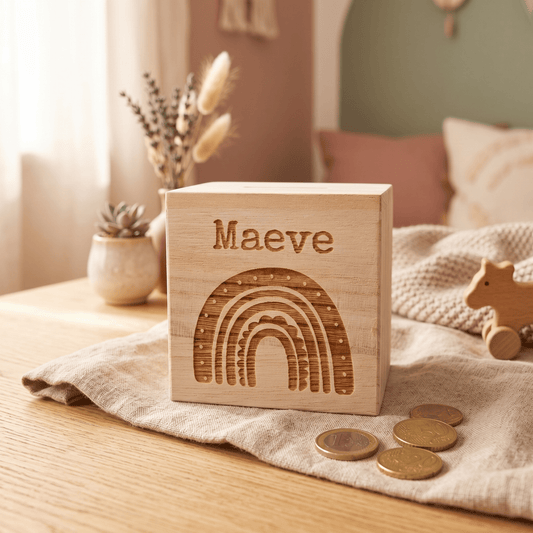 Houten spaarpot met eigen ontwerp - voorkant - een gepersonaliseerde spaarpot met gravure, ideaal als uniek cadeau. Deze houten spaarpot met naam is perfect voor kinderen om op een speelse manier te sparen.