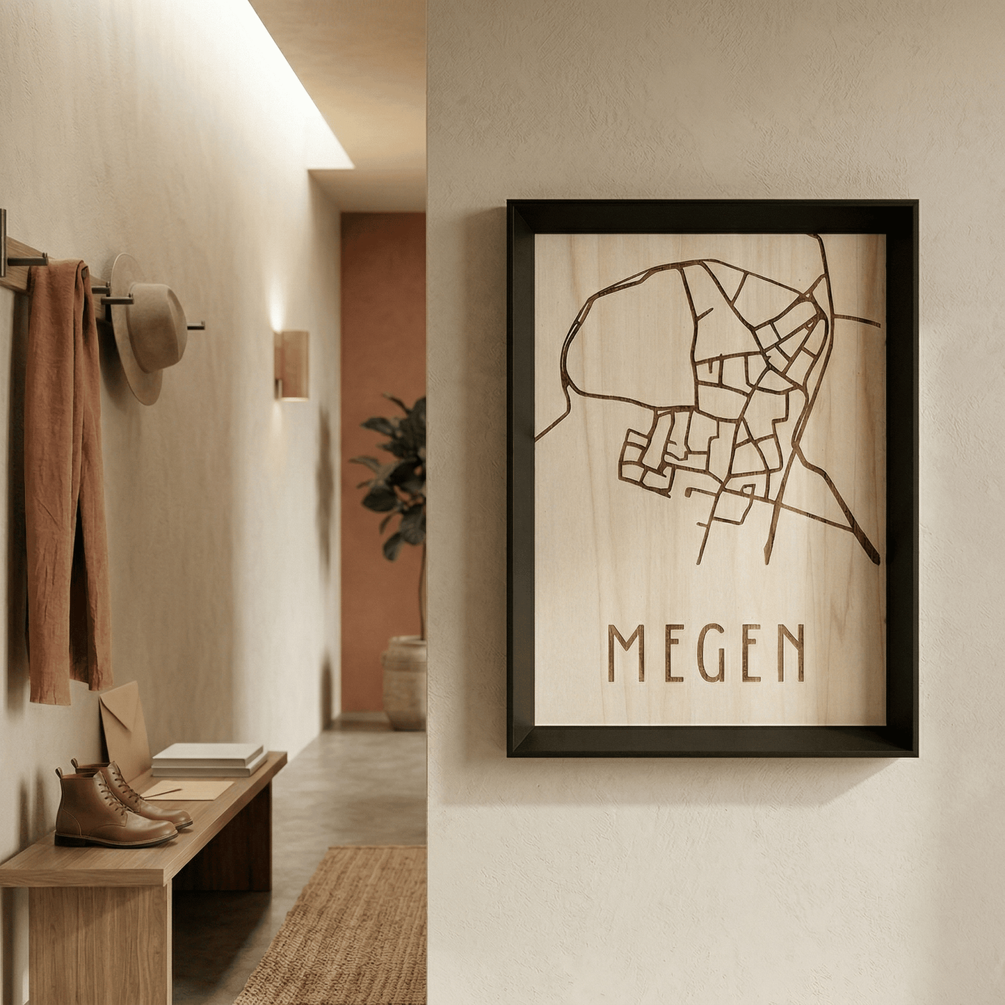 Houten stadskaart in een lijst hangend aan een beige muur