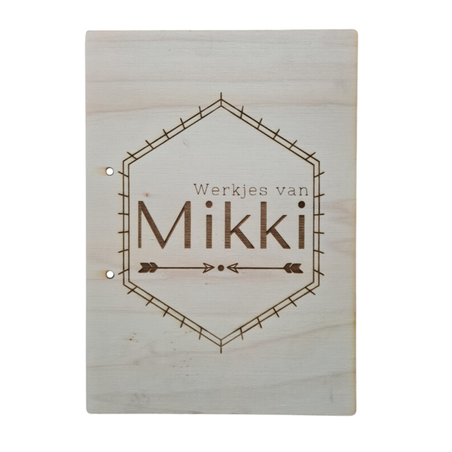 Houten bewaarmap met hexagon motief voor tekeningen en knutselwerkjes, ideaal om creaties netjes te bewaren. Deze gepersonaliseerde tekeningen bewaarmap is voorzien van stevige ringen en een natuurlijk houten ontwerp. Perfect voor het organiseren van kunstwerken en knutselwerkjes - voorkant.