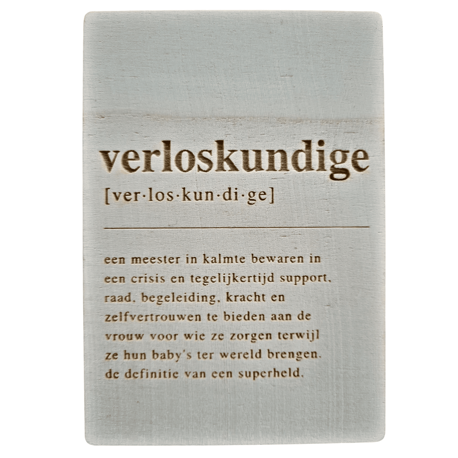 Houten bedankkaartje voor verloskundige – uniek en betekenisvol cadeau als blijk van waardering - vooraanzicht.