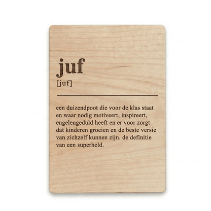 Houten bedankkaartje – een uniek cadeau voor juf als blijk van waardering voor hun inzet - voorkant.