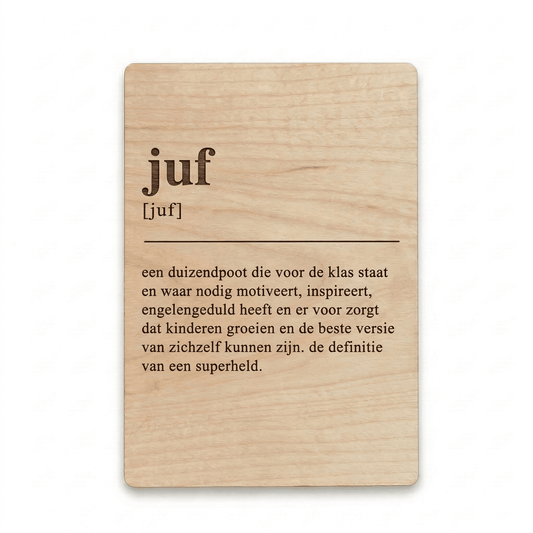 Houten bedankkaartje – een uniek cadeau voor juf als blijk van waardering voor hun inzet - voorkant.