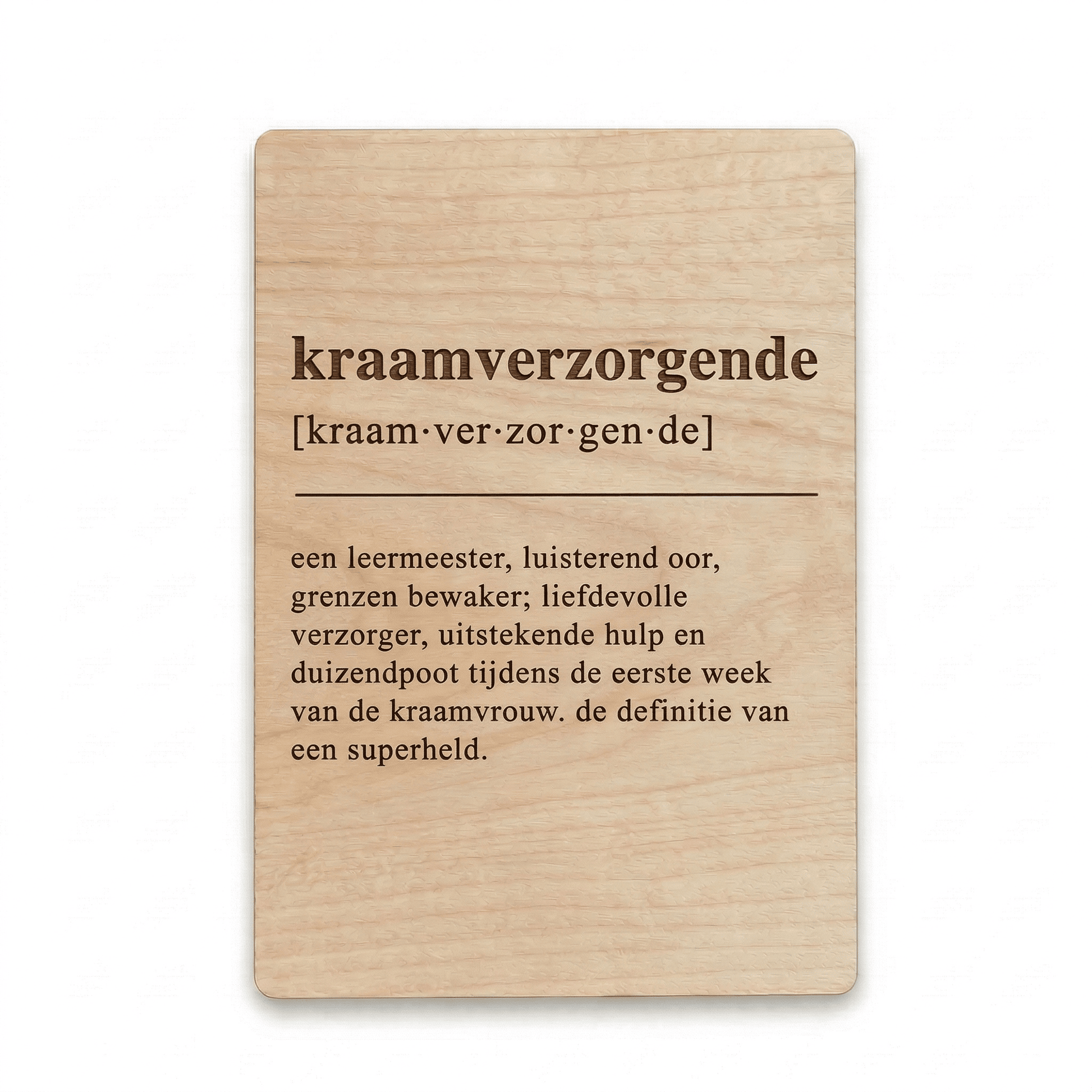 Houten bedankkaartje kraamverzorgende – een liefdevol cadeau voor kraamverzorgende, perfect om waardering en dankbaarheid te tonen - voorkant.