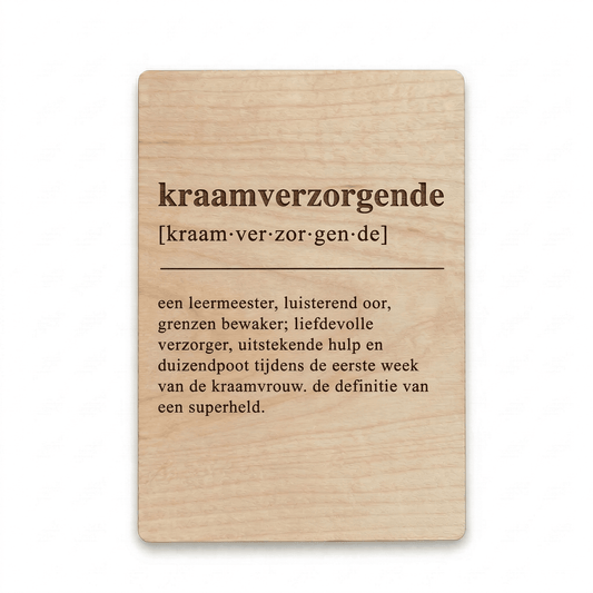 Houten bedankkaartje kraamverzorgende – een liefdevol cadeau voor kraamverzorgende, perfect om waardering en dankbaarheid te tonen - voorkant.