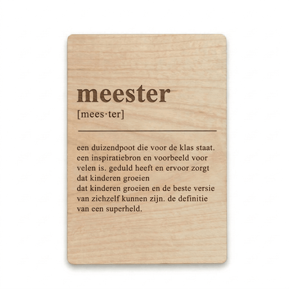 Houten bedankkaartje – een uniek cadeau voor meester als blijk van waardering voor de inzet - voorkant.