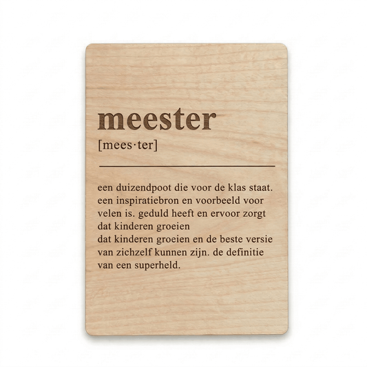 Houten bedankkaartje – een uniek cadeau voor meester als blijk van waardering voor de inzet - voorkant.