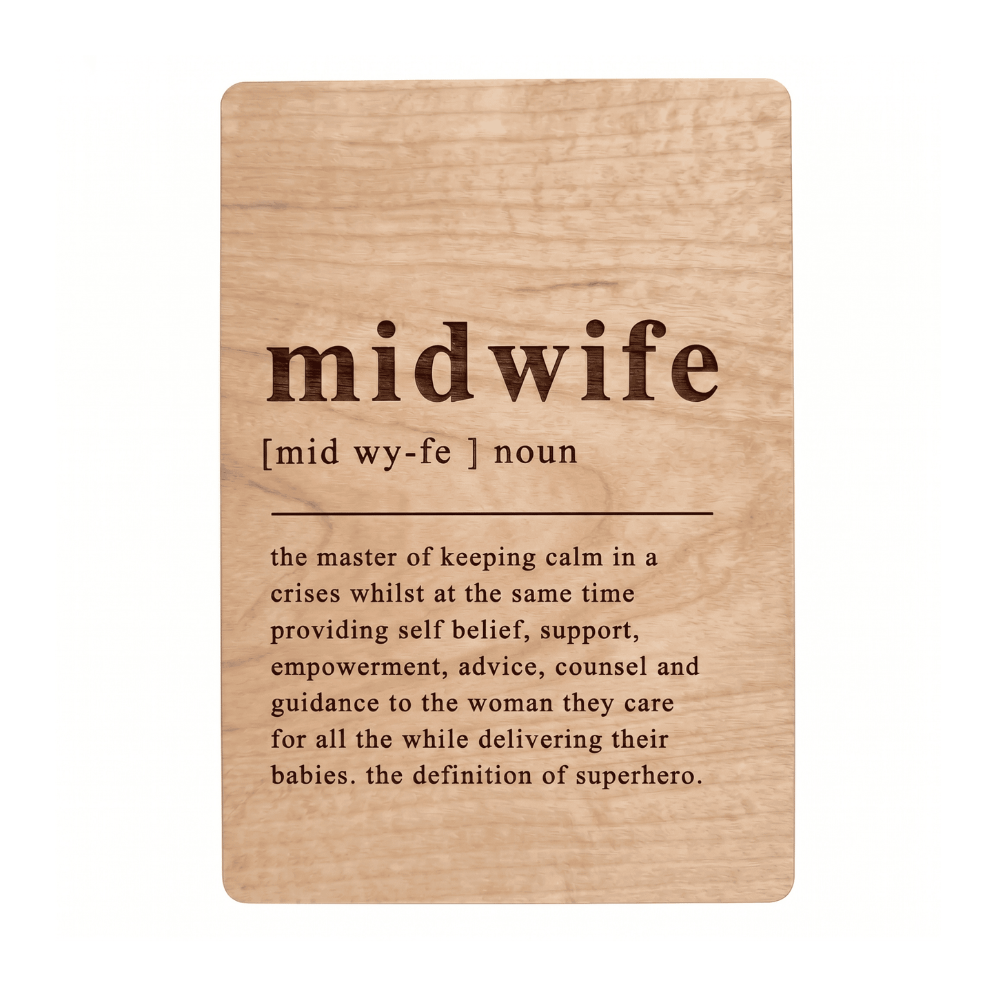 Houten bedankkaartje midwife – het perfecte bedankje voor een midwife, een uniek en persoonlijk cadeau - vooraanzicht