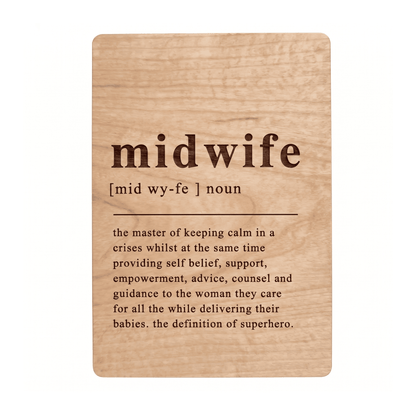 Houten bedankkaartje midwife – het perfecte bedankje voor een midwife, een uniek en persoonlijk cadeau - vooraanzicht