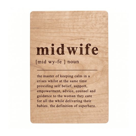 Houten bedankkaartje midwife – het perfecte bedankje voor een midwife, een uniek en persoonlijk cadeau - vooraanzicht