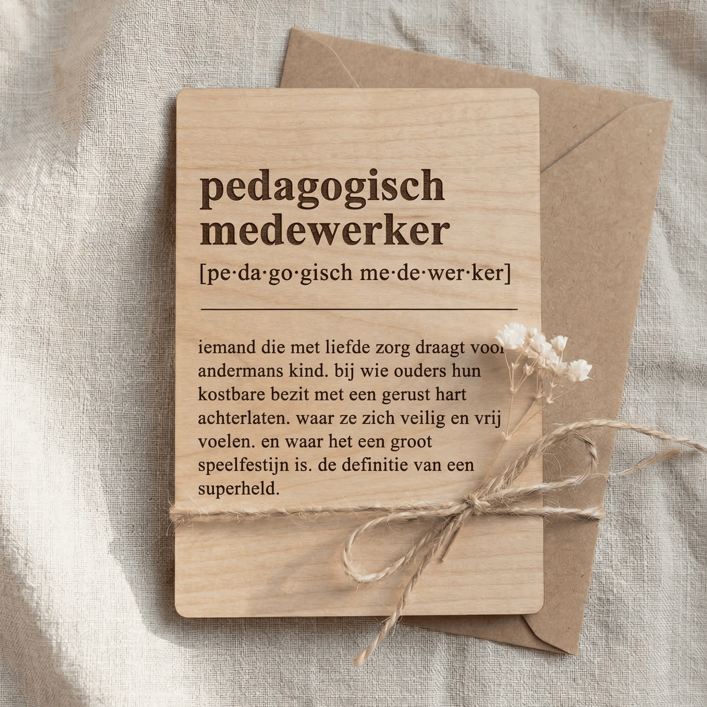 Houten bedankkaartje – een uniek cadeau voor een pedagogisch medewerker als blijk van waardering voor de inzet - sfeerimpressie met envelop.