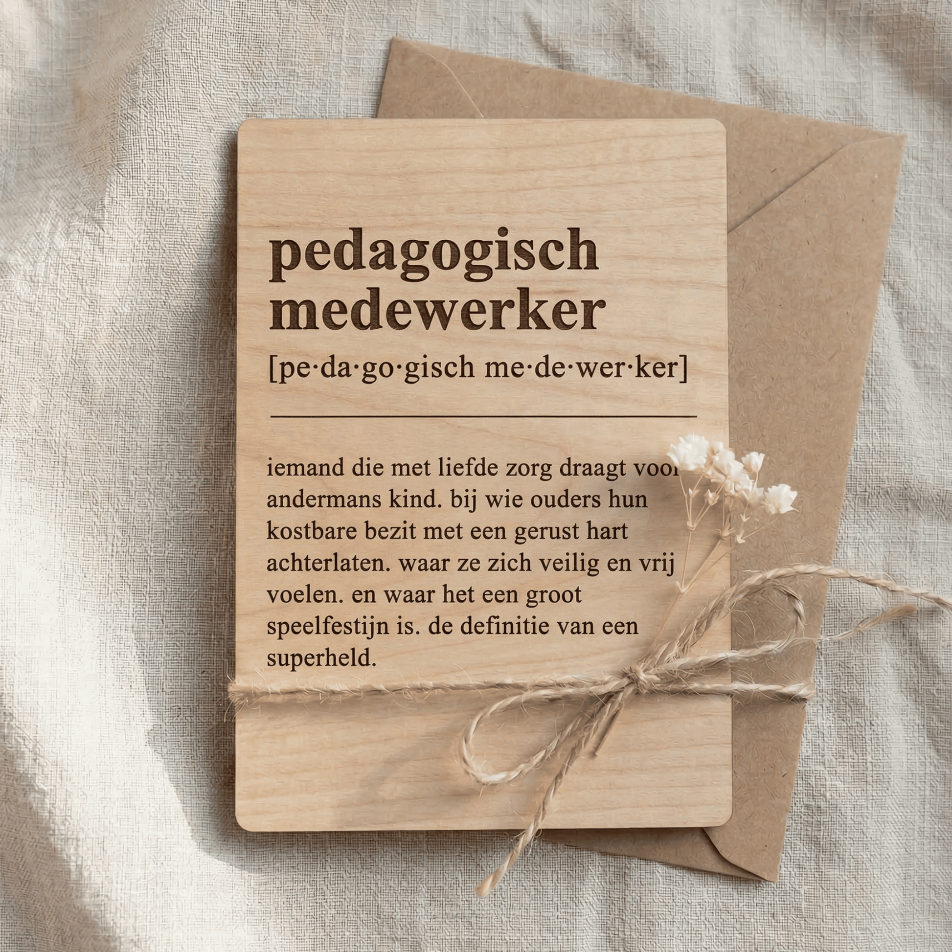 Houten bedankkaartje – een uniek cadeau voor een pedagogisch medewerker als blijk van waardering voor de inzet - sfeerimpressie met envelop.