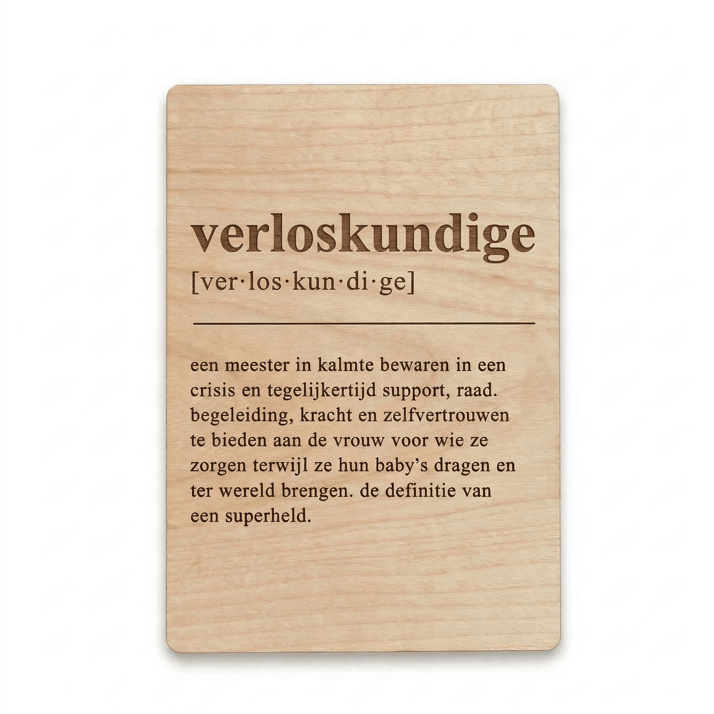 Houten bedankkaartje voor verloskundige – uniek en betekenisvol cadeau als blijk van waardering - vooraanzicht.