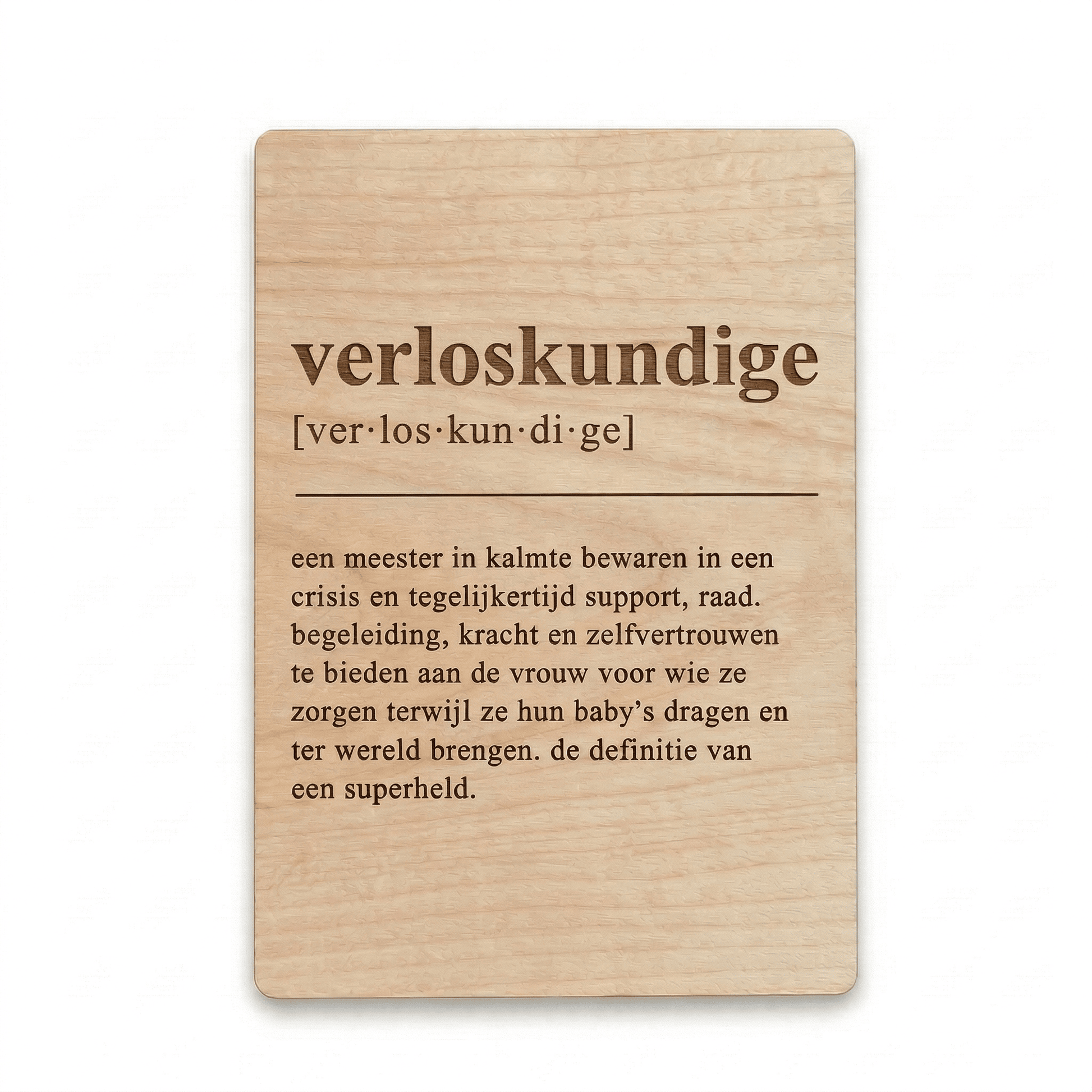 Houten bedankkaartje voor verloskundige – uniek en betekenisvol cadeau als blijk van waardering - vooraanzicht.