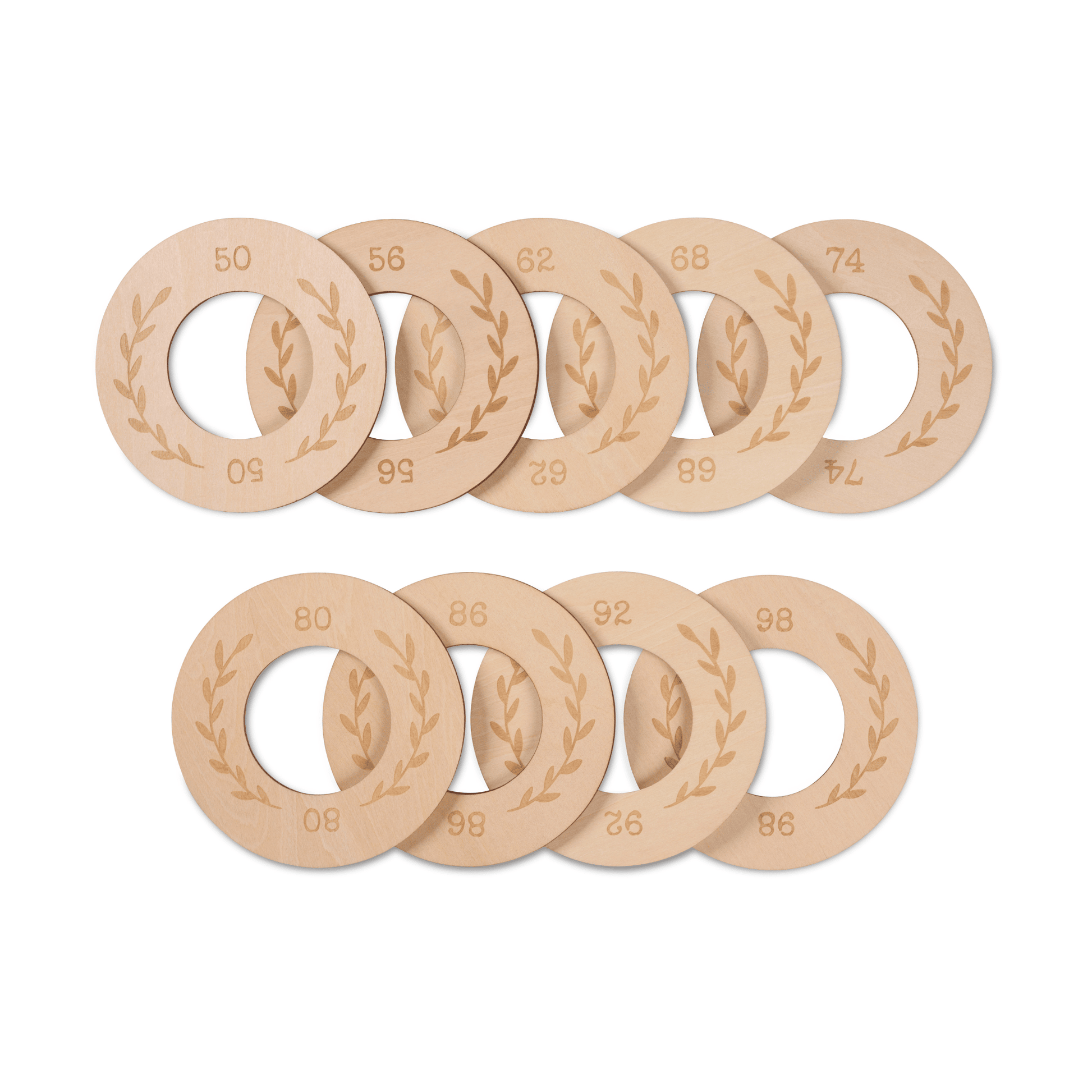 Houten kastverdeler voor baby- en kinderkleding, maat 50 t/m 98, met bladeren motief voor een georganiseerde kledingkast - gedetailleerd gestapeld.