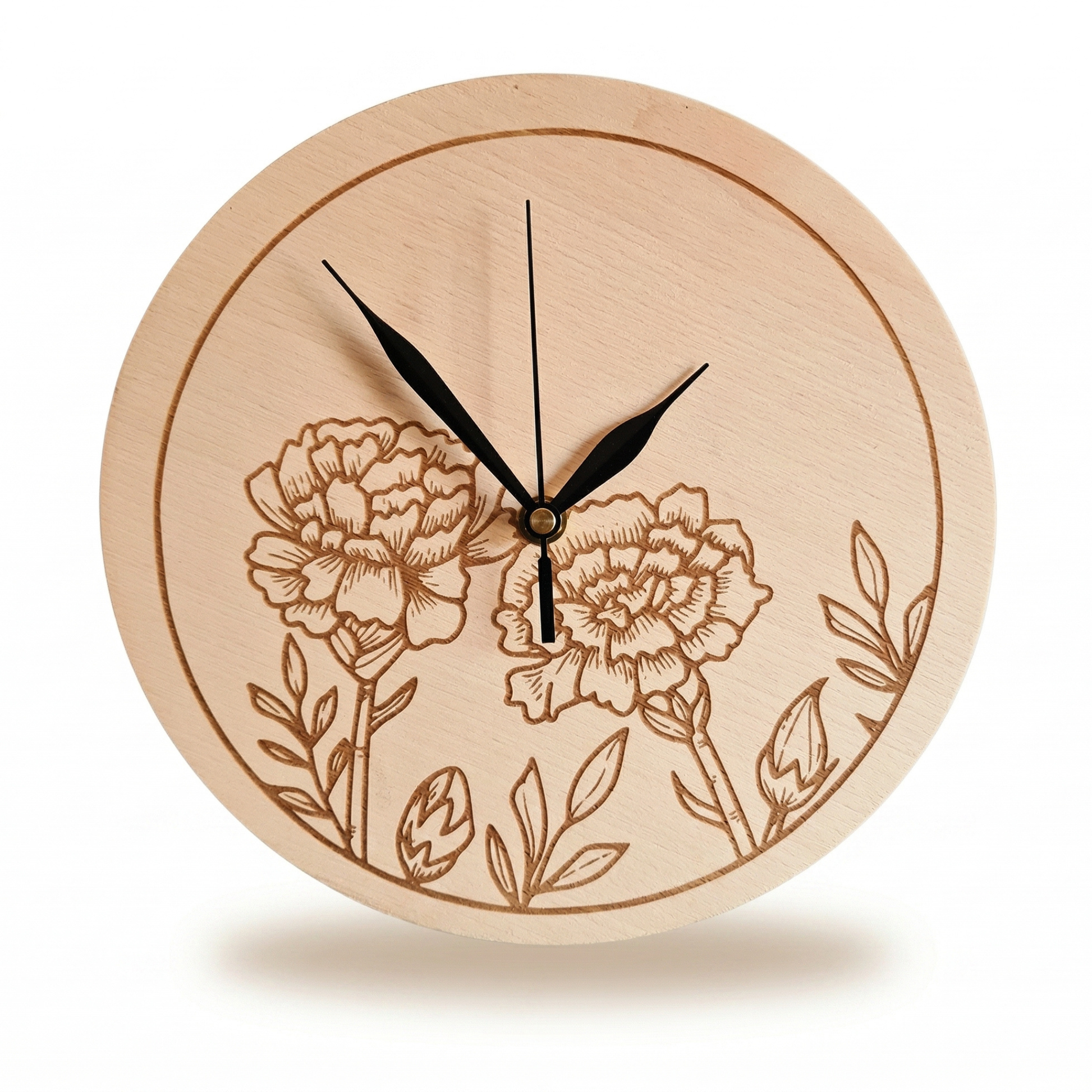 Houten wandklok met bloem – stijlvolle klok van hout, verkrijgbaar in verschillende modellen, waaronder een klok met wereldkaart.