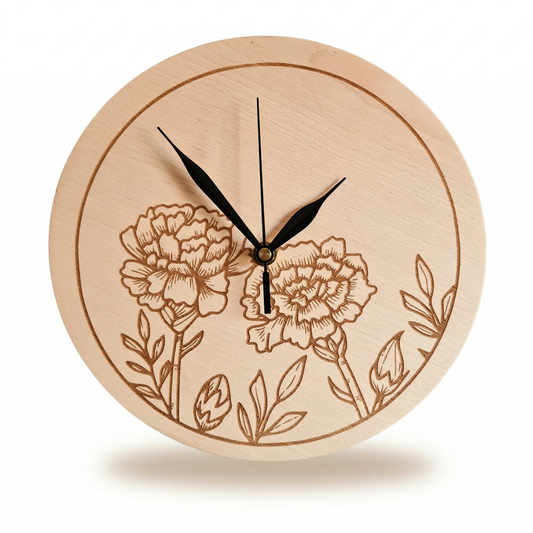 Houten wandklok met bloem – stijlvolle klok van hout, verkrijgbaar in verschillende modellen, waaronder een klok met wereldkaart.