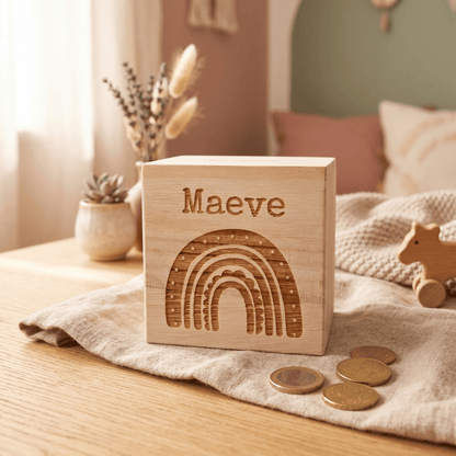 Houten spaarpot met eigen ontwerp - voorkant - een gepersonaliseerde spaarpot met gravure, ideaal als uniek cadeau. Deze houten spaarpot met naam is perfect voor kinderen om op een speelse manier te sparen.