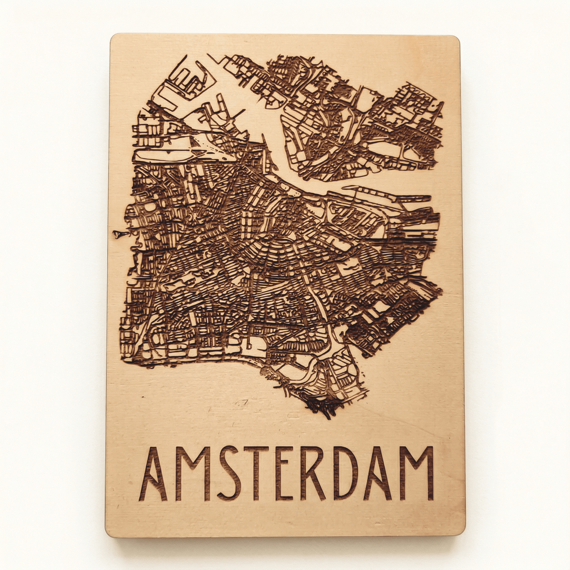 Houten stadskaart - stadkaart Amsterdam – gedetailleerde stadsplattegrond van hout, perfect als uniek housewarming cadeau.