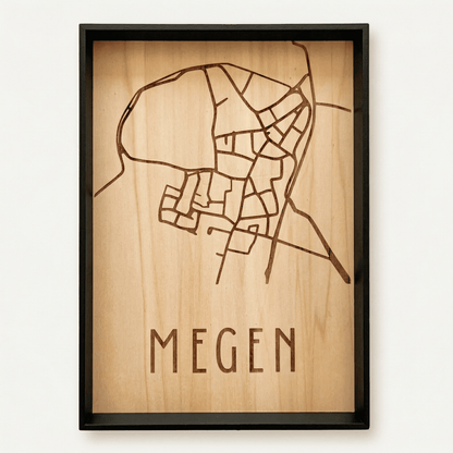 Houten stadskaart - stadkaart Megen met lijst – gedetailleerde stadsplattegrond van hout, perfect als uniek housewarming cadeau.