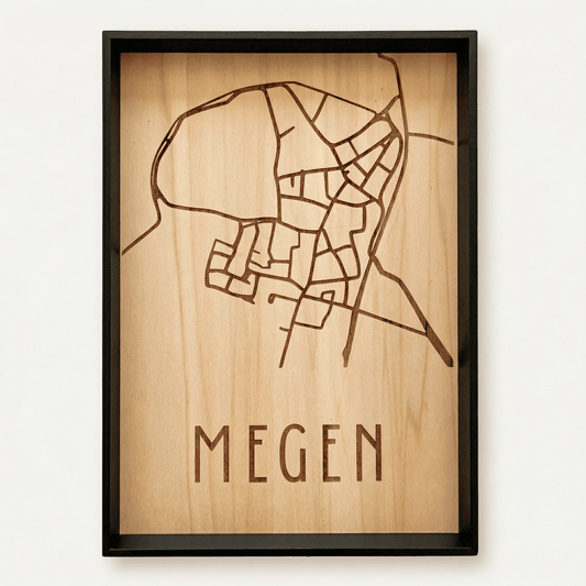 Houten stadskaart - stadkaart Megen met lijst – gedetailleerde stadsplattegrond van hout, perfect als uniek housewarming cadeau.